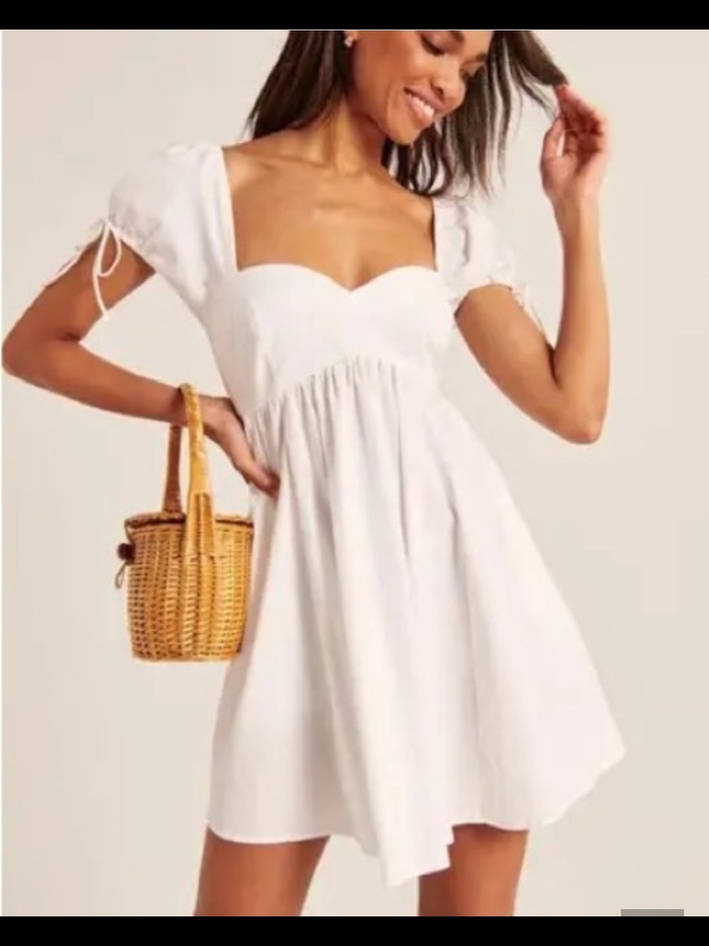 Abercrombie & Fitch Sweetheart Neck Puff Sleeve Babydoll Dress - Cream, size XS